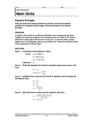 Pascal's Principle Math Skills Worksheet