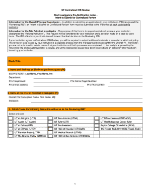 UT Centralized IRB Review Intent to Submit Form