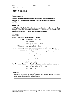 Math Skills Worksheet - Acceleration