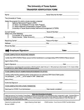 University of Texas System Transfer Verification Form