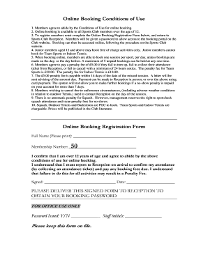 Sports Club Online Booking Conditions and Registration Form