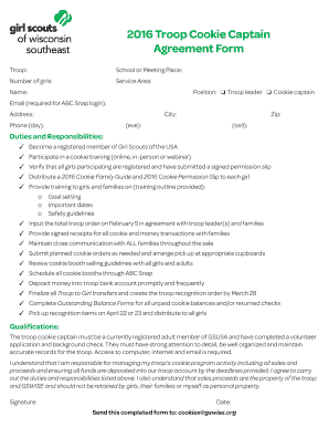 2016 Troop Cookie Captain Agreement Form