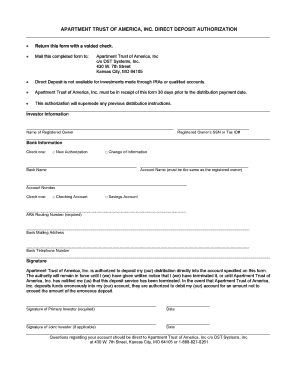 Apartment Trust of America Direct Deposit Authorization