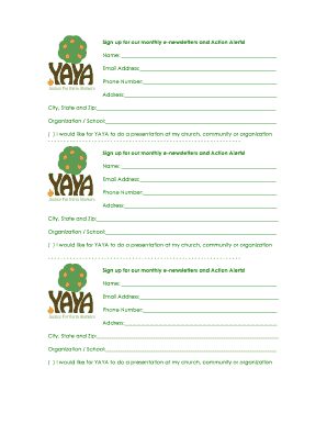 YAYA Newsletter and Action Alerts Signup Form