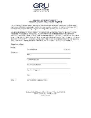 Georgia Regents University Pre-Employment Drug Screen Request