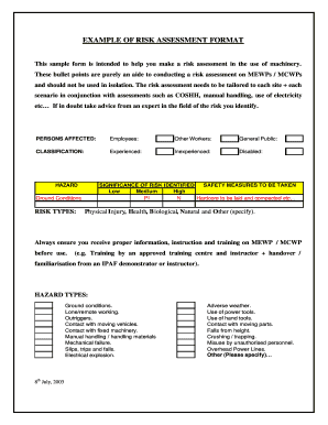 Risk Assessment Form for Machinery Use