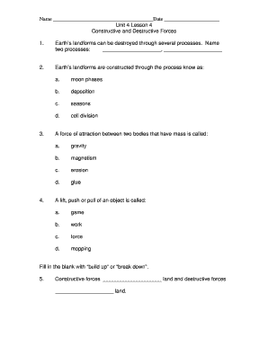 Science Worksheet: Constructive and Destructive Forces