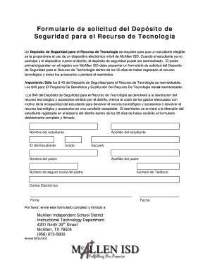 Formulario de solicitud del Depósito de Seguridad para el Recurso de Tecnología