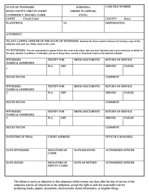 Tennessee Subpoena Order to Appear