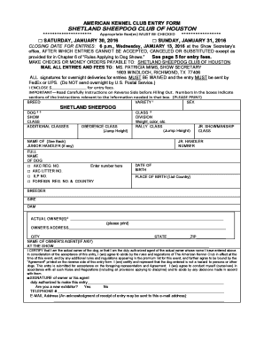 American Kennel Club Shetland Sheepdog Entry Form