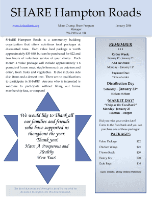 SHARE Hampton Roads Food Package Order Form
