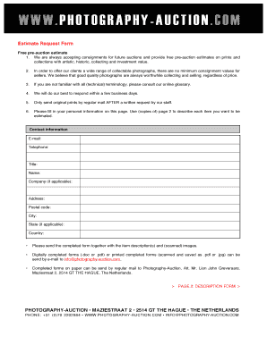 Photography Auction Estimate Request Form