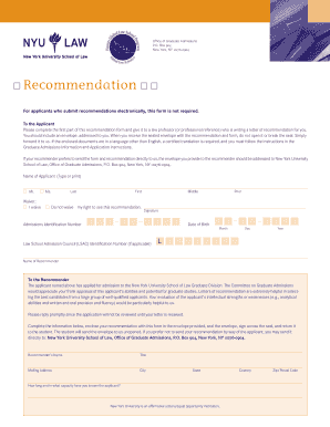 New York University Law School Recommendation Form