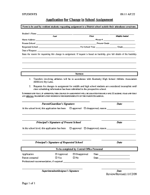 Application for Change in School Assignment