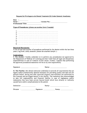 Request for Privileges to do Dental Treatment Under General Anesthesia