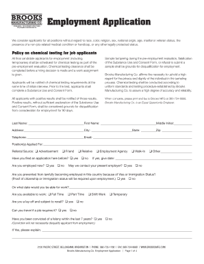 Brooks Manufacturing Co Employment Application