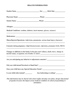 New York State Student Health Information Form