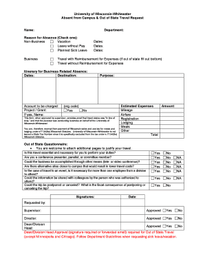 University of Wisconsin-Whitewater Absent from Campus & Out of State Travel Request