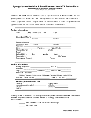 Synergy Sports Medicine New MVA Patient Form