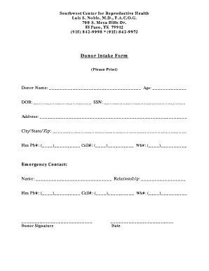 Donor Intake Form for Reproductive Health