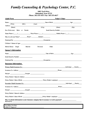 Adult Intake Form for Counseling Services