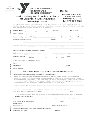 Sussex County YMCA Health History and Examination Form