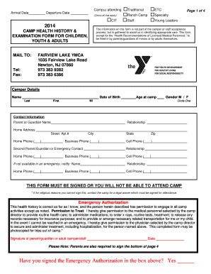 Fairview Lake YMCA Camp Health Examination Form