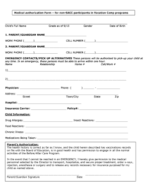 Medical Authorization Form for Vacation Camp