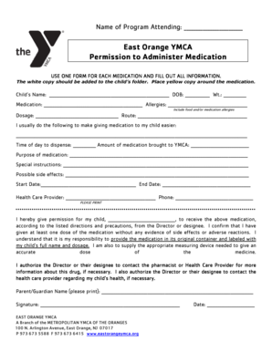 East Orange YMCA Medication Permission Form