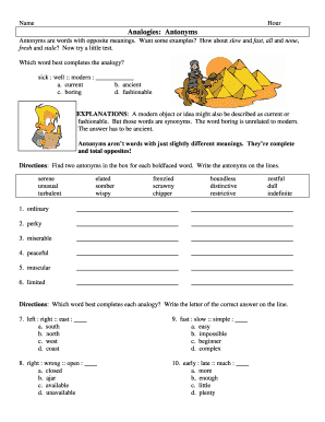 Antonyms and Analogies Worksheet