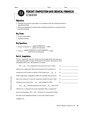 Chemistry Percent Composition and Formulas Worksheet