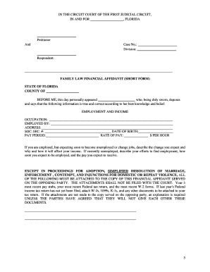 Florida Family Law Financial Affidavit Short Form