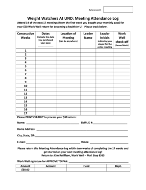 Weight Watchers Meeting Attendance Log