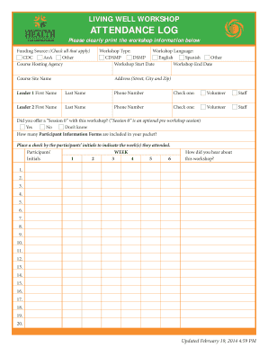 Living Well Workshop Attendance Log