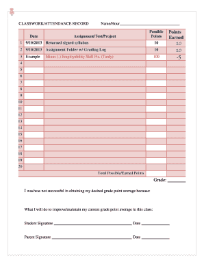 Classwork Attendance Record