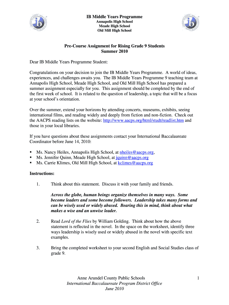 Fillable Online meadesenior IB Middle Years Programme Annapolis High