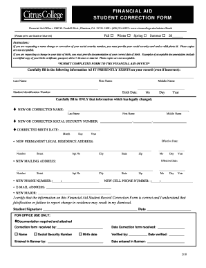 Financial Aid Student Record Correction Form