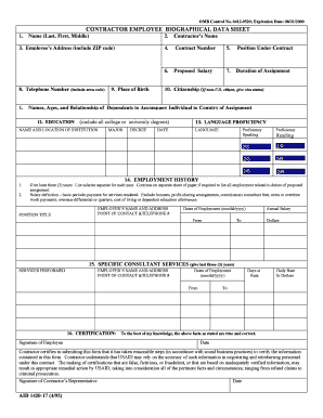 Contractor Employee Biographical Data Sheet