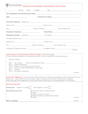 Texas Tech Personal/Biographic Data Form