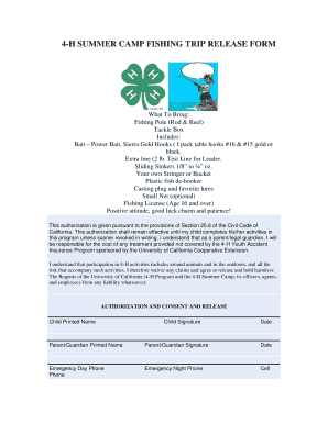 4-H SUMMER CAMP FISHING TRIP RELEASE FORM