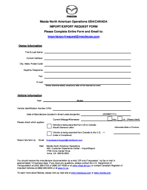 Mazda Import/Export Request Form