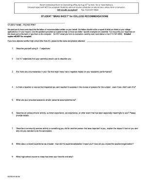 Student Brag Sheet for College Recommendations