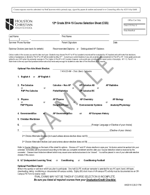 12th Grade Course Selection Sheet
