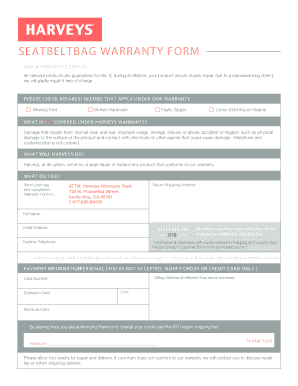 Harveys Seatbelt Bag Warranty Form
