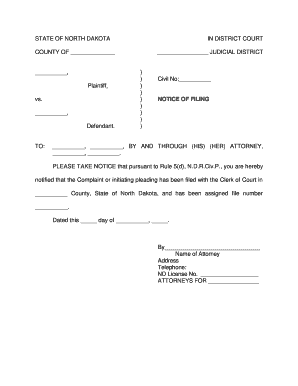 North Dakota Notice of Filing