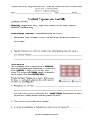 Student Exploration Half-life Worksheet