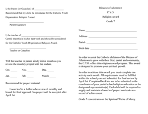 Formulaire de recommandation pour le prix de religion CYO des jeunes catholiques