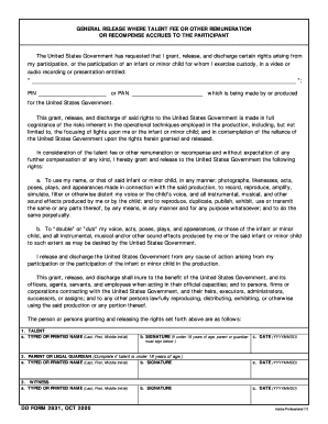 DD Form 2831 General Release where Talent Fee etc Accrues to Participant October 2000