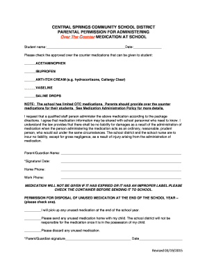 Parental Permission for Administering Over The Counter Medication at School