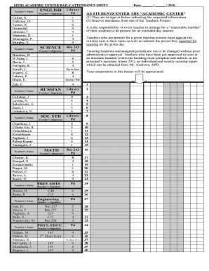 SITHS ACADEMIC CENTER DAILY ATTENDANCE SHEET Date